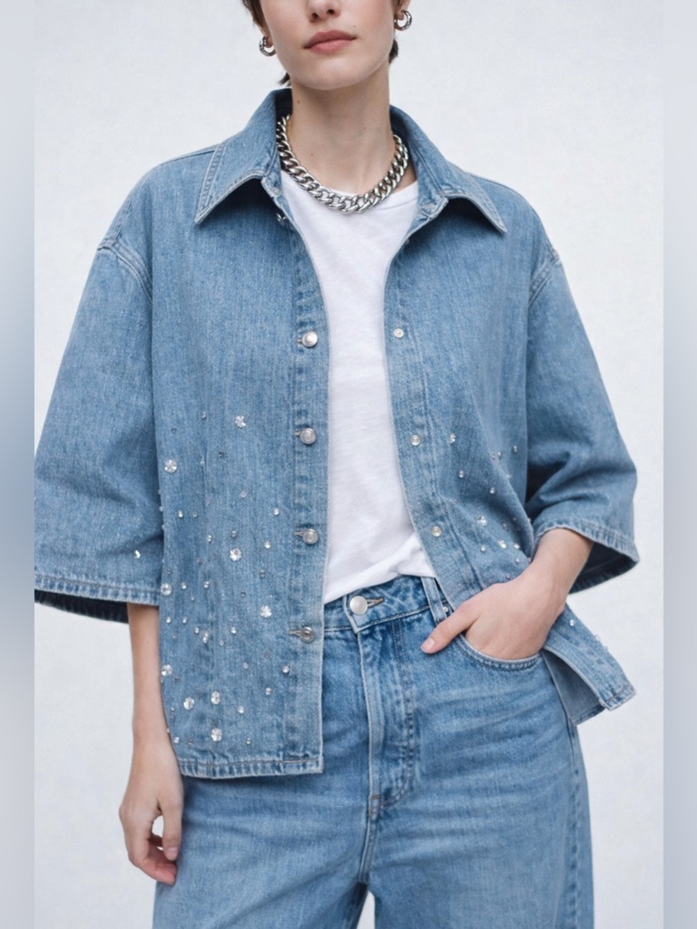 COS Embellished Denim Shirt Jacket Oversized Boxy Top Organic Cotton NWT Size 10